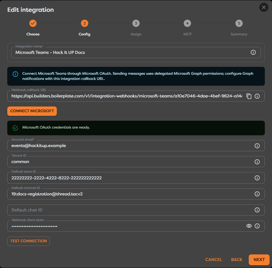 A Microsoft Teams integration with OAuth account context, Graph callback, default targets, and webhook client state
