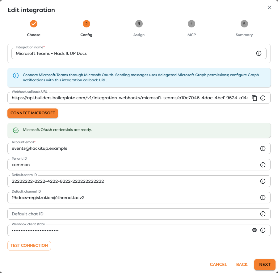 A Microsoft Teams integration with OAuth account context, Graph callback, default targets, and webhook client state
