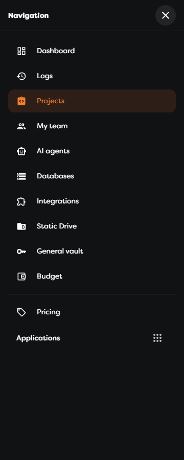 The Builders navigation drawer with the main product areas