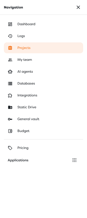 The Builders navigation drawer with the main product areas