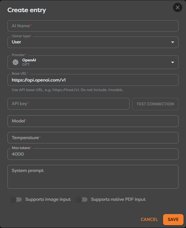 The private AI agent connection form with provider credentials and generation defaults