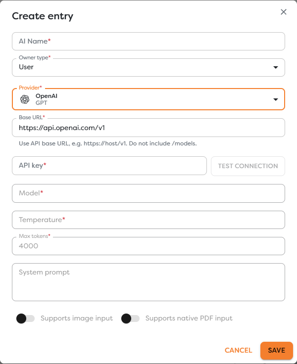 The private AI agent connection form with provider credentials and generation defaults