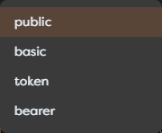 The Public, Basic, Token, and Bearer authorization modes available to hosted forms and chats