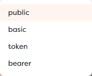 The Public, Basic, Token, and Bearer authorization modes available to hosted forms and chats