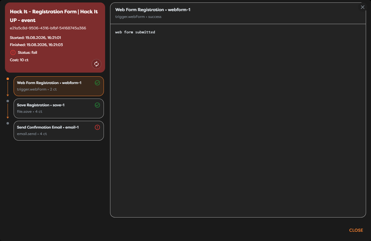 A production run inspection showing successful blocks and a failed email action