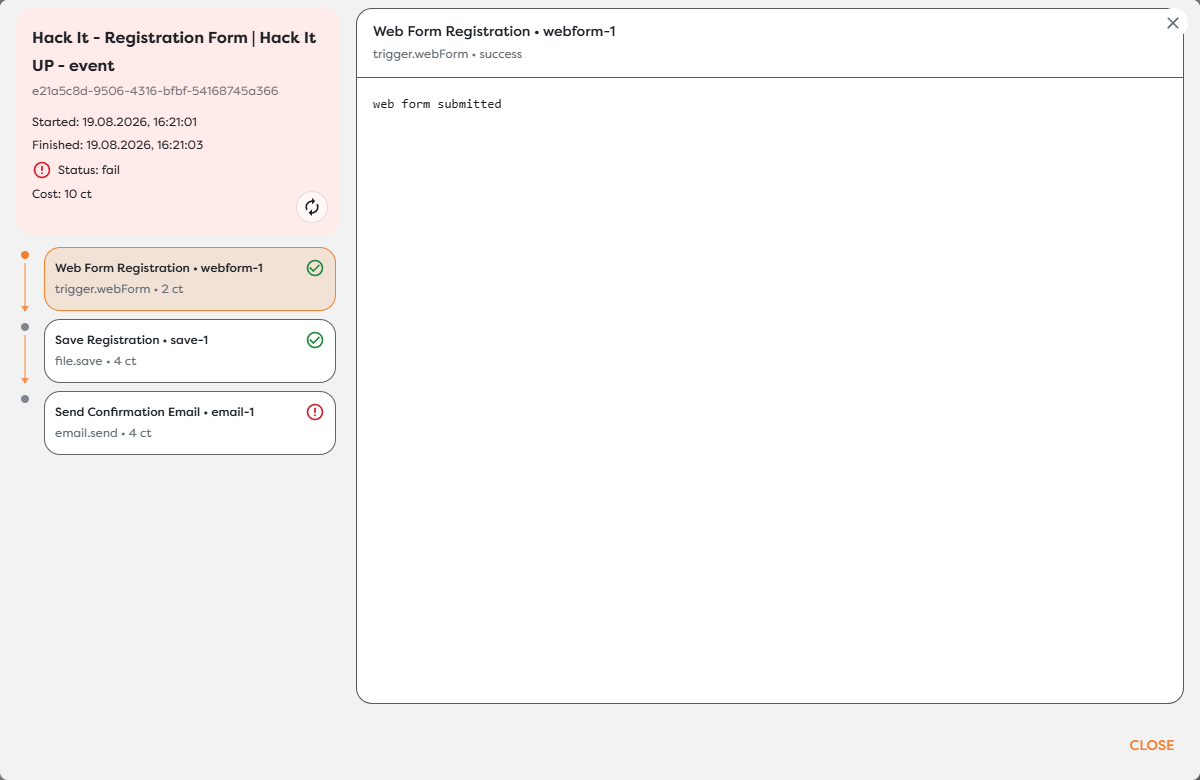 A production run inspection showing successful blocks and a failed email action