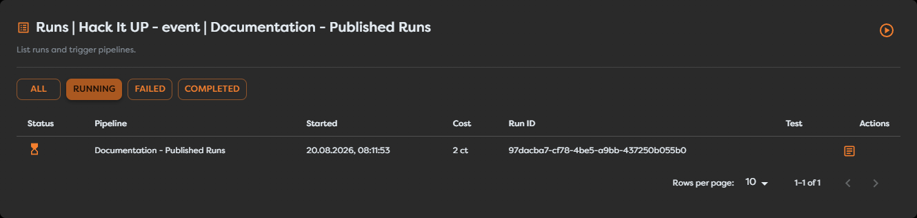 The Running filter showing an active live endpoint execution