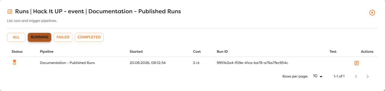 The Running filter showing an active live endpoint execution