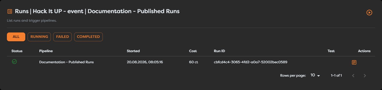 A completed live run located by its run ID in the pipeline history