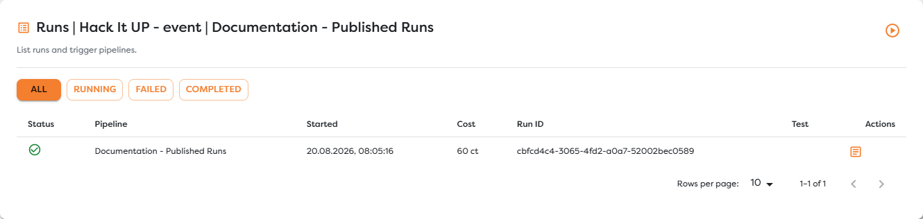 A completed live run located by its run ID in the pipeline history