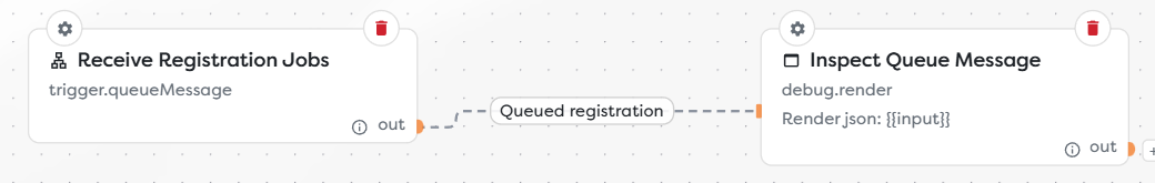 A Queue Trigger connected to a Render Block for queue message inspection