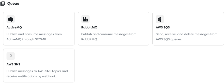 The ActiveMQ, RabbitMQ, AWS SQS, and AWS SNS integration options available for queue workflows