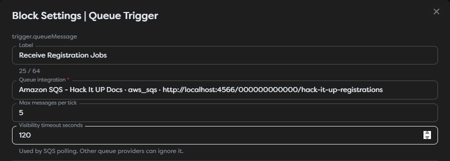 Queue Trigger configured with an Amazon SQS integration, a five-message polling limit, and a 120-second visibility timeout