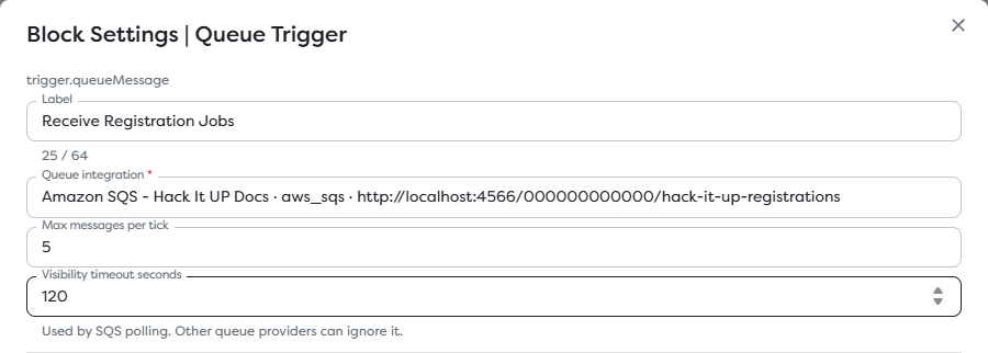 Queue Trigger configured with an Amazon SQS integration, a five-message polling limit, and a 120-second visibility timeout