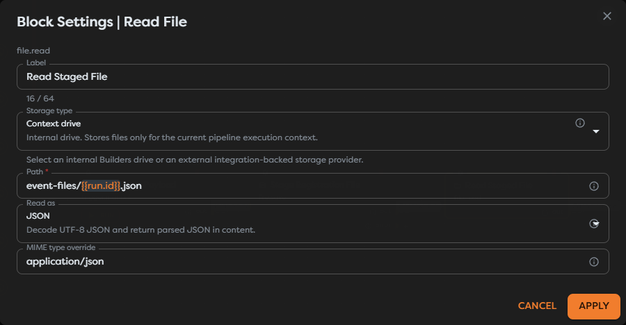 Read File configured to parse a staged registration file as JSON