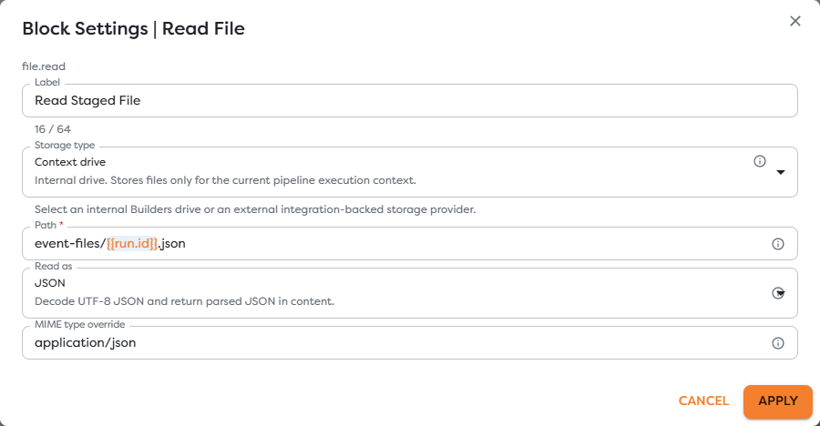 Read File configured to parse a staged registration file as JSON