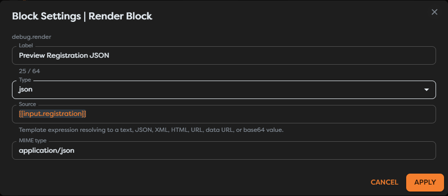 A Render Block configured to preview the registration object as JSON