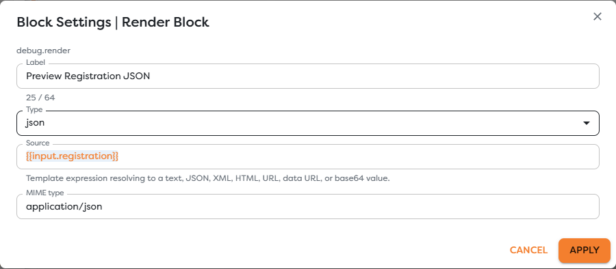 A Render Block configured to preview the registration object as JSON