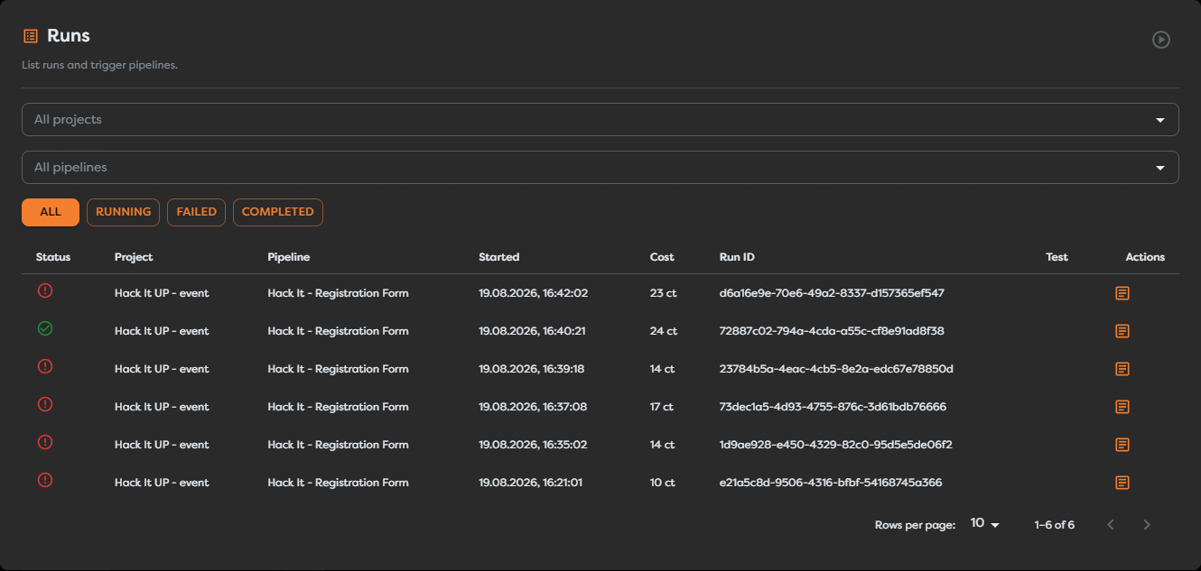 The global run history narrowed to the documentation project and pipeline