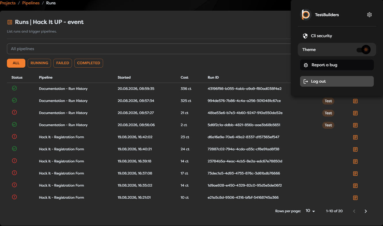 Project-scoped run history with pipeline filtering and pagination
