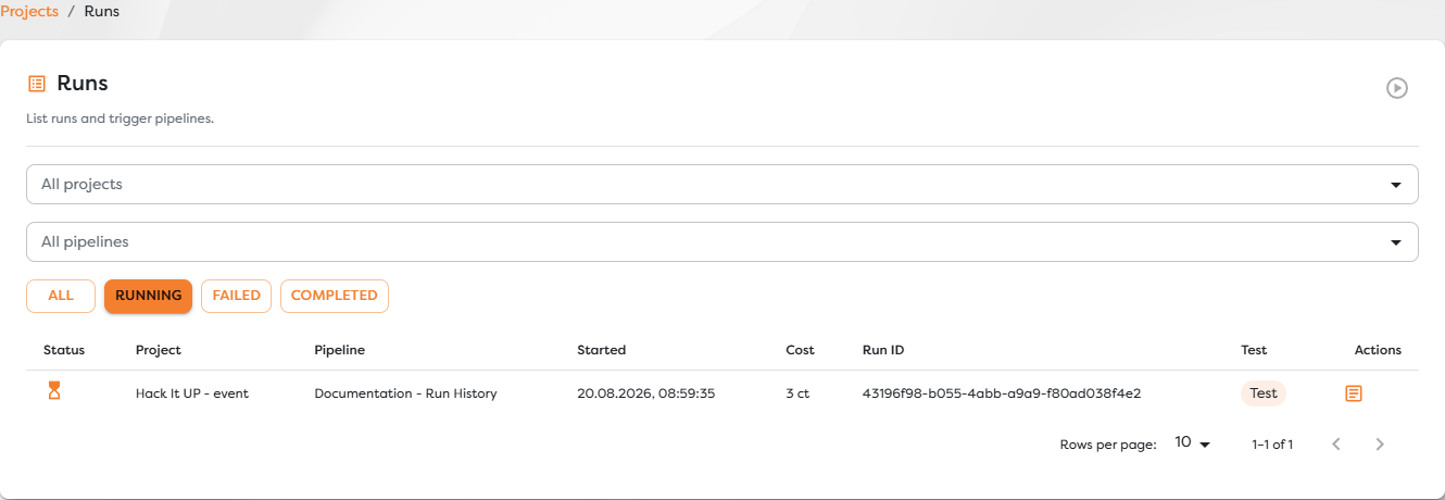 The Running filter isolating an active documentation test