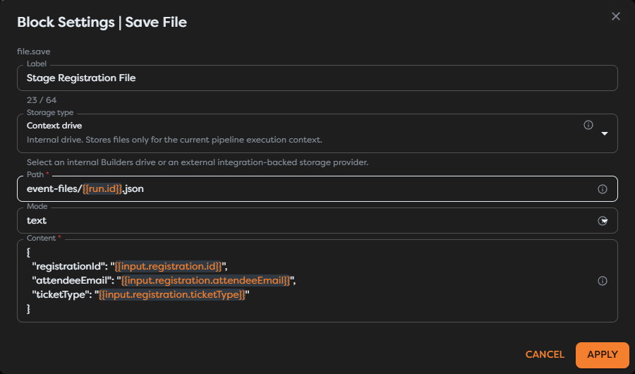 Save File configured to stage registration JSON in Context drive