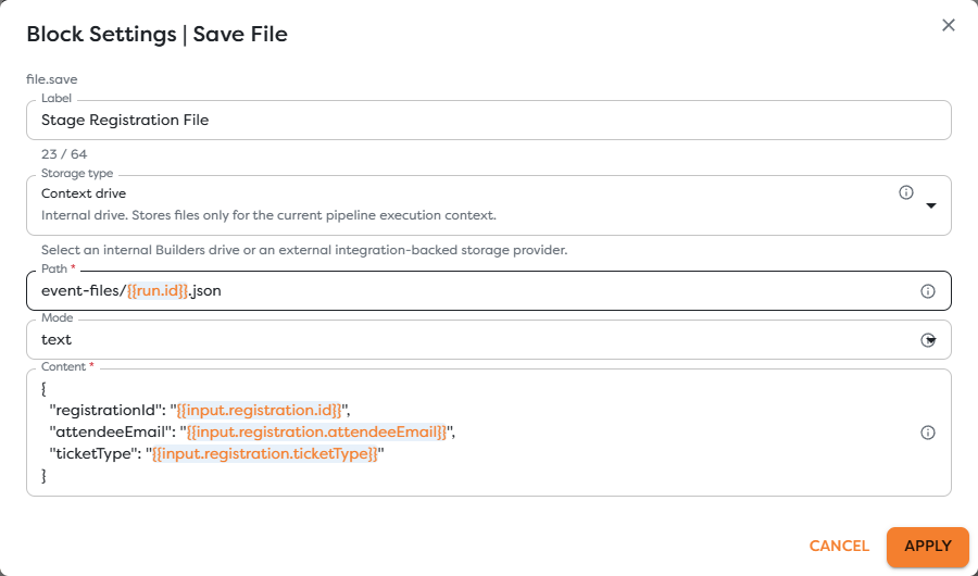 Save File configured to stage registration JSON in Context drive