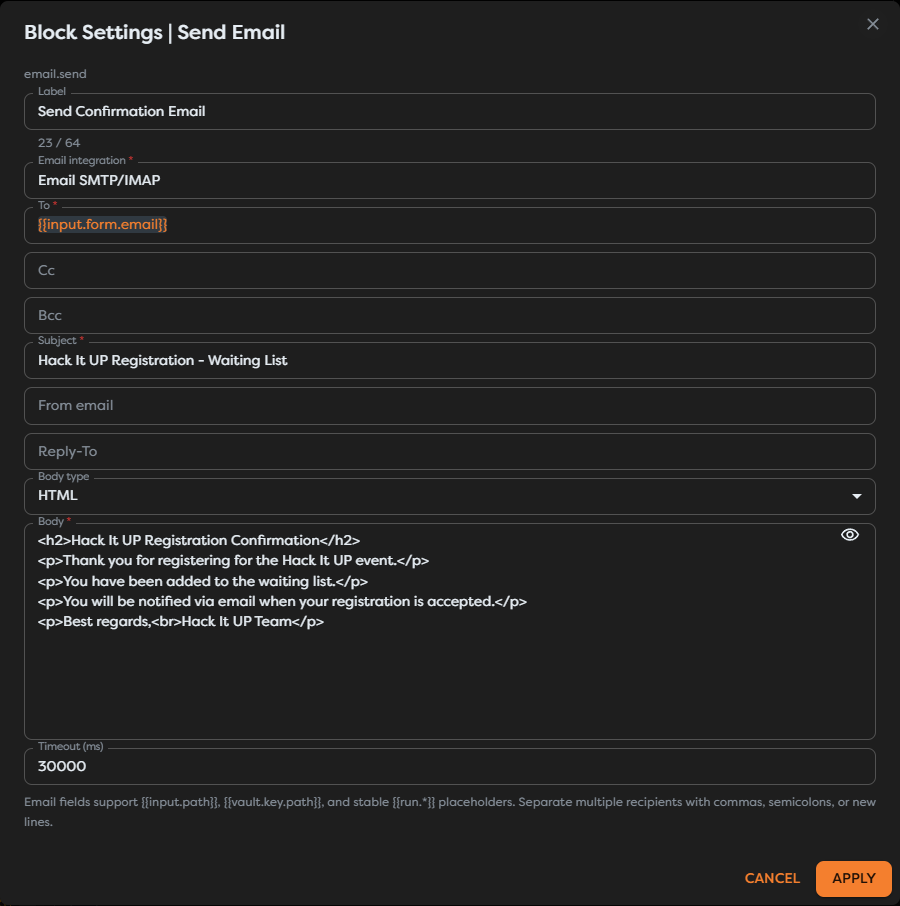 Send Email configured with a dynamic registration recipient and an HTML confirmation