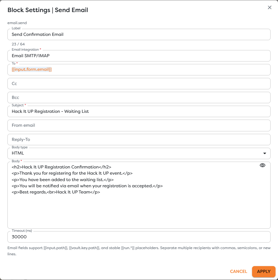 Send Email configured with a dynamic registration recipient and an HTML confirmation