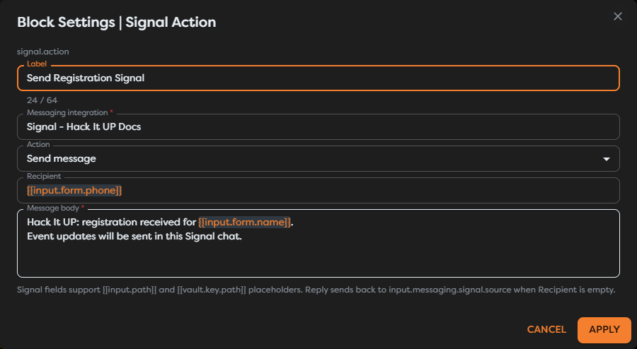 Signal Action configured to confirm an event registration