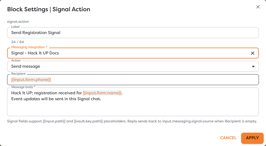 Signal Action configured to confirm an event registration