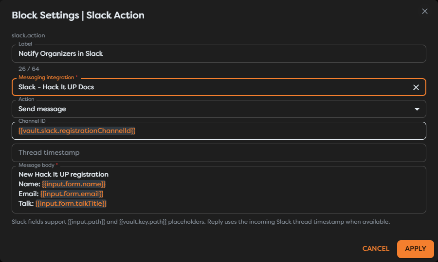 Slack Action configured to notify event organizers with registration data