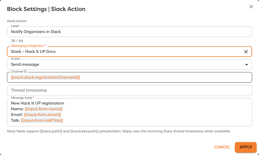 Slack Action configured to notify event organizers with registration data