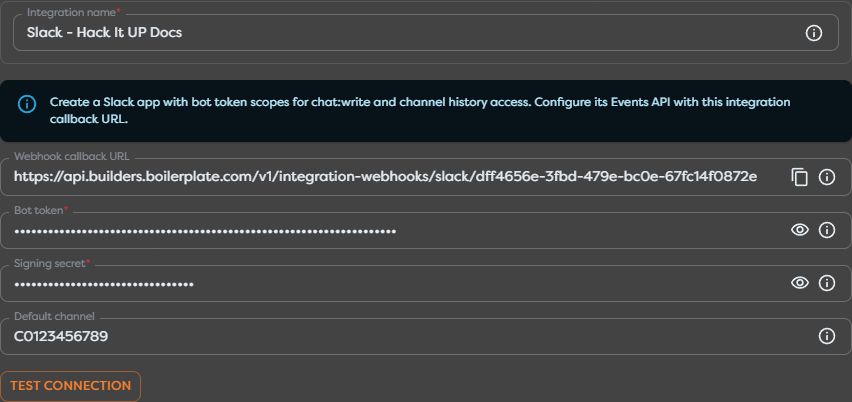 A saved Slack integration exposing its Builders callback URL and protected credentials