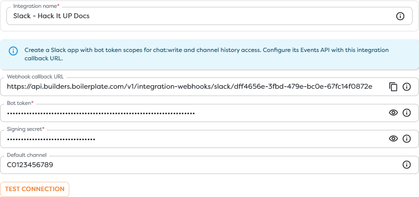 A saved Slack integration exposing its Builders callback URL and protected credentials