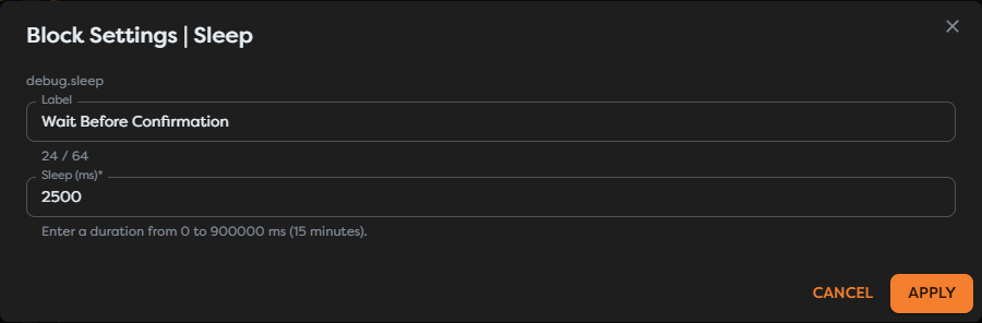 A fixed 2500 millisecond delay configured on a Sleep block