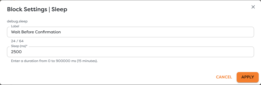 A fixed 2500 millisecond delay configured on a Sleep block