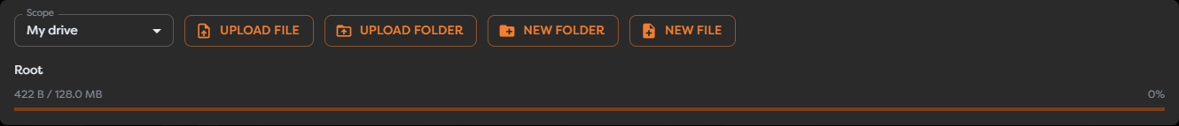Static Drive scope, file actions, breadcrumbs, and storage quota
