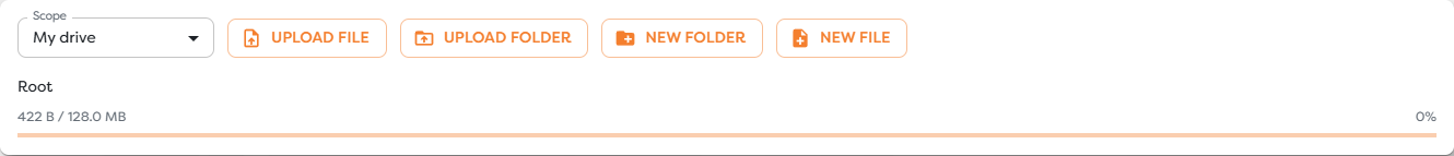 Static Drive scope, file actions, breadcrumbs, and storage quota