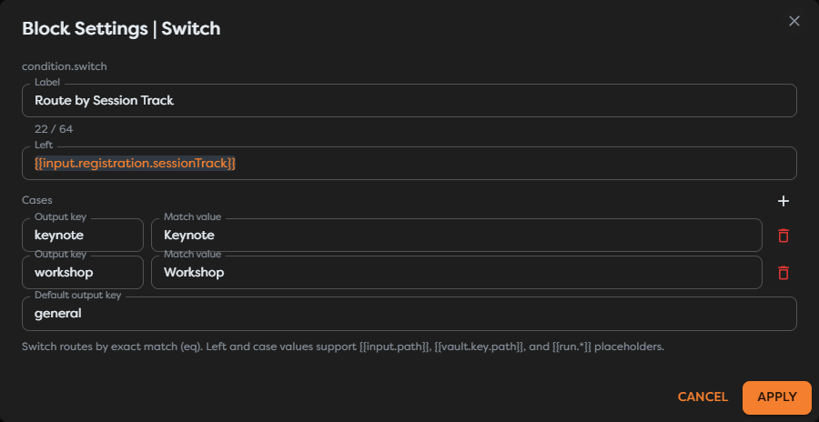 Switch settings with keynote and workshop cases and a general default
