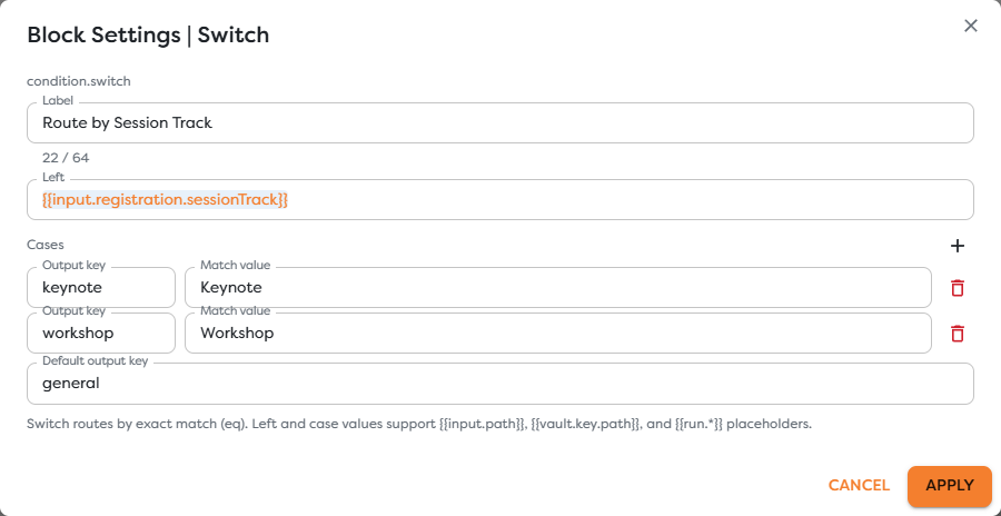 Switch settings with keynote and workshop cases and a general default