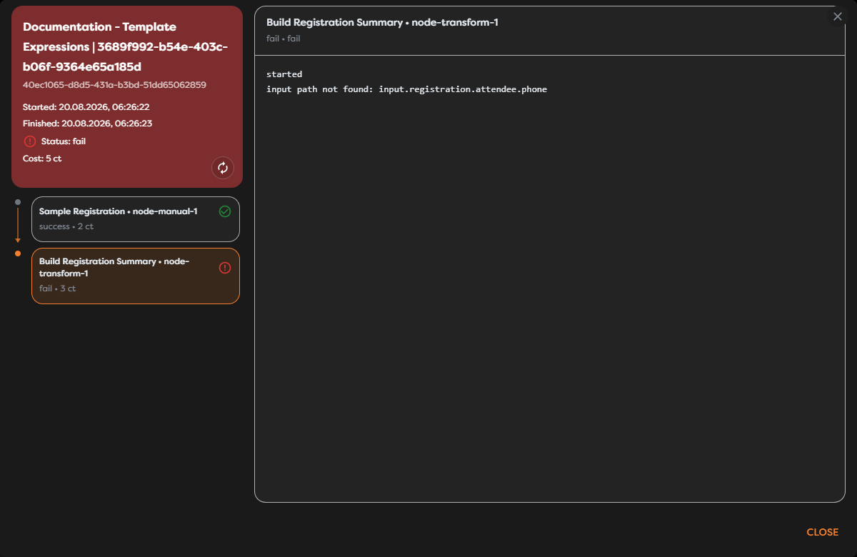 A Transform block failing because a referenced input path does not exist