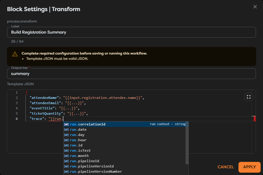 Run metadata fields available from template autocomplete
