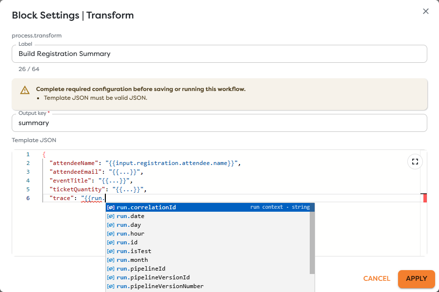 Run metadata fields available from template autocomplete
