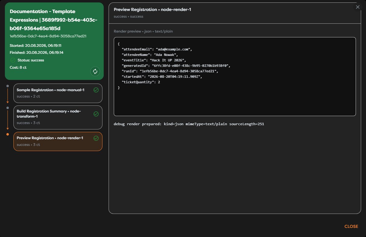 A successful test run showing resolved input and run-context values