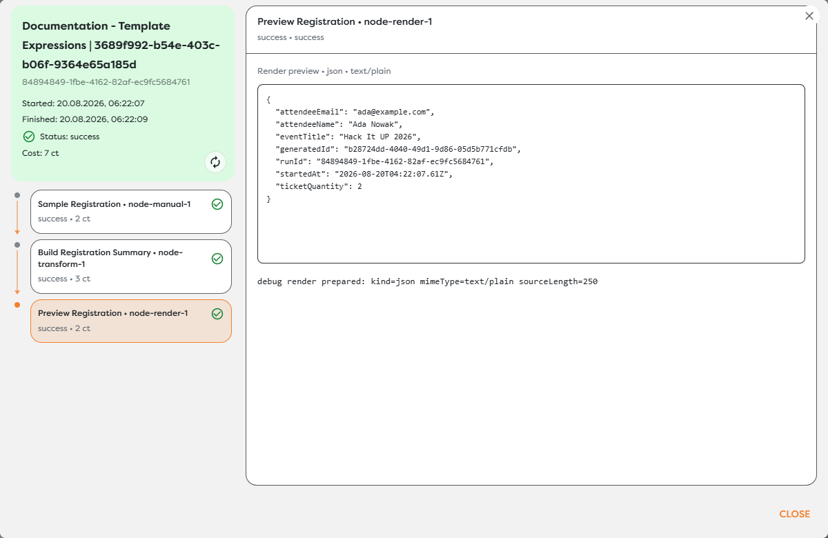 A successful test run showing resolved input and run-context values