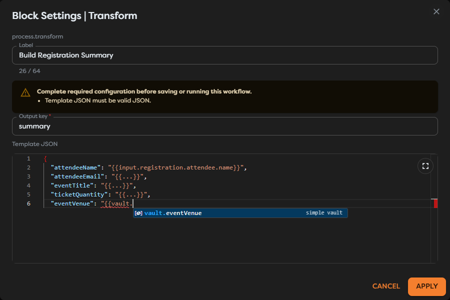 A General Vault key suggested inside a template expression