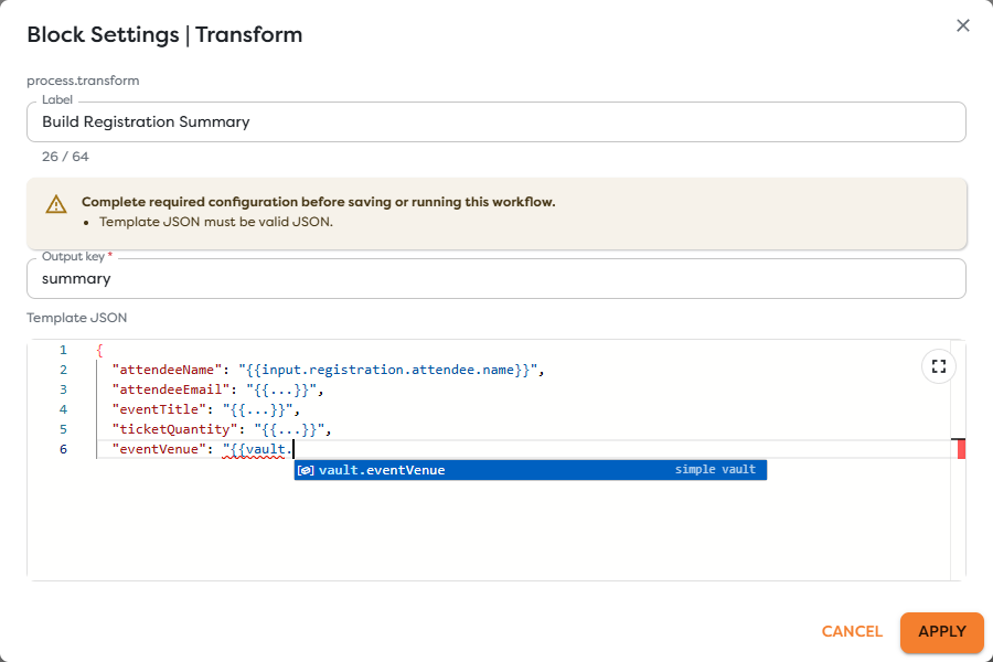 A General Vault key suggested inside a template expression