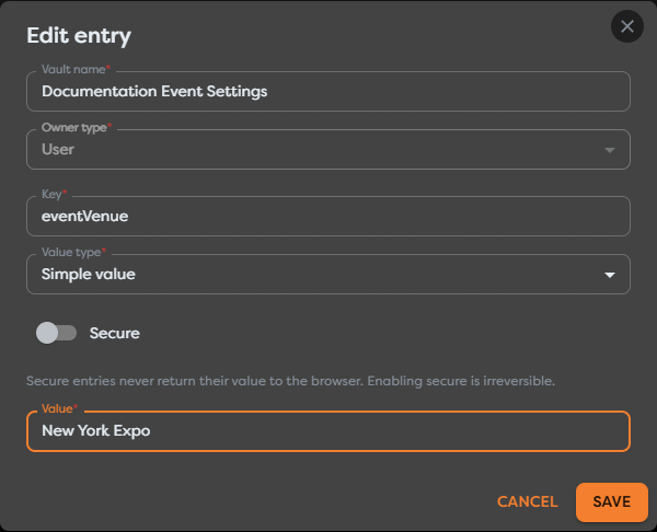 A General Vault entry storing New York Expo under the eventVenue key