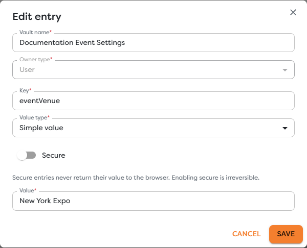 A General Vault entry storing New York Expo under the eventVenue key